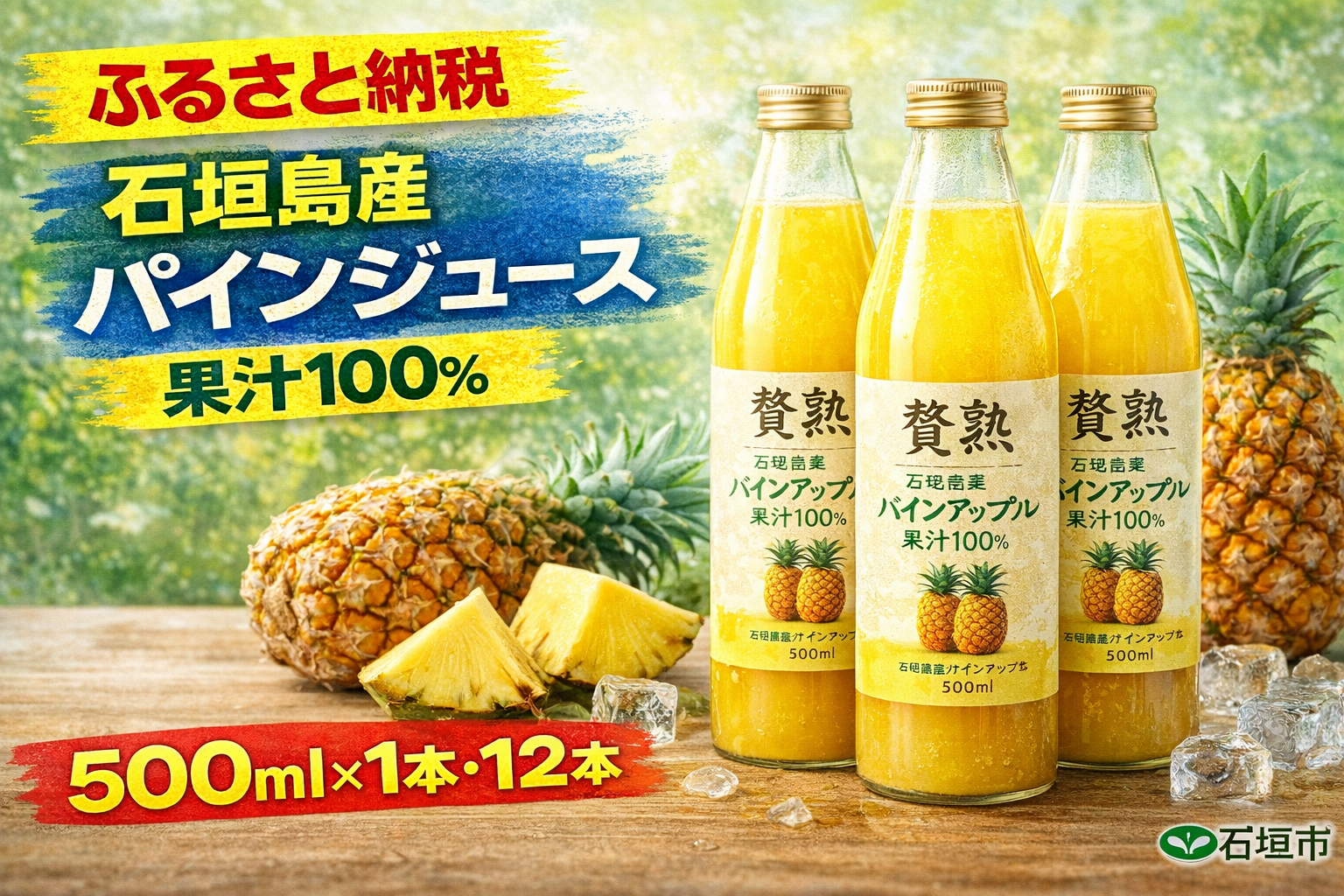 石垣島産パインアップルを使用した果汁100%ジュース「贅熟」500ml。南国フルーツの濃厚な甘みが伝わるふるさと納税返礼品。