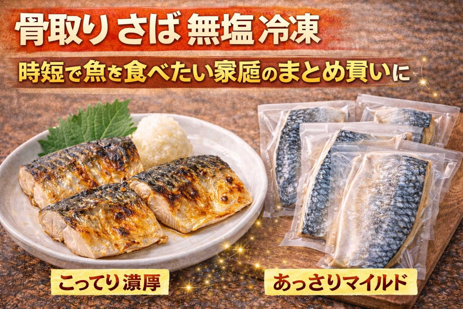 骨取り無塩さばの冷凍サムネイル。焼き上げたさばの切身と個包装の冷凍さばを並べ、時短で魚を食べたい家庭向けのまとめ買い用食材として紹介している。