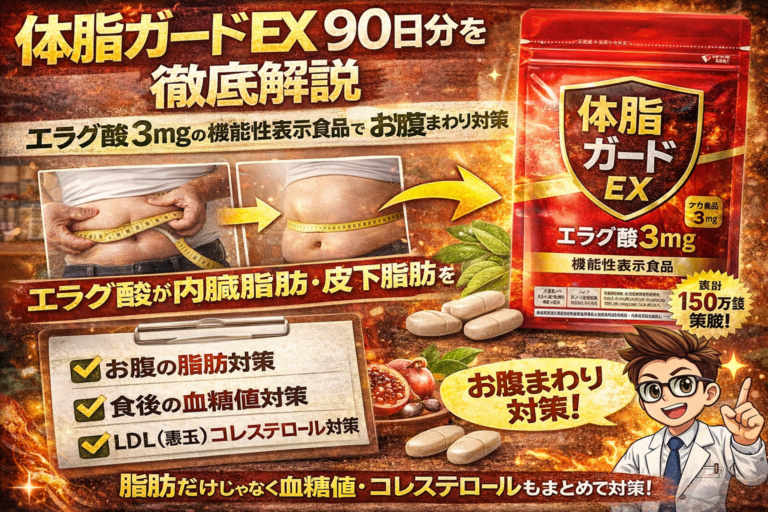 体脂ガードEX（90日分）のサムネイル。エラグ酸3mgの機能性表示食品として、お腹まわり対策をテーマに、ウエスト計測のビジュアル、商品パッケージとサプリ粒、チェック項目を配置して特徴を解説している。