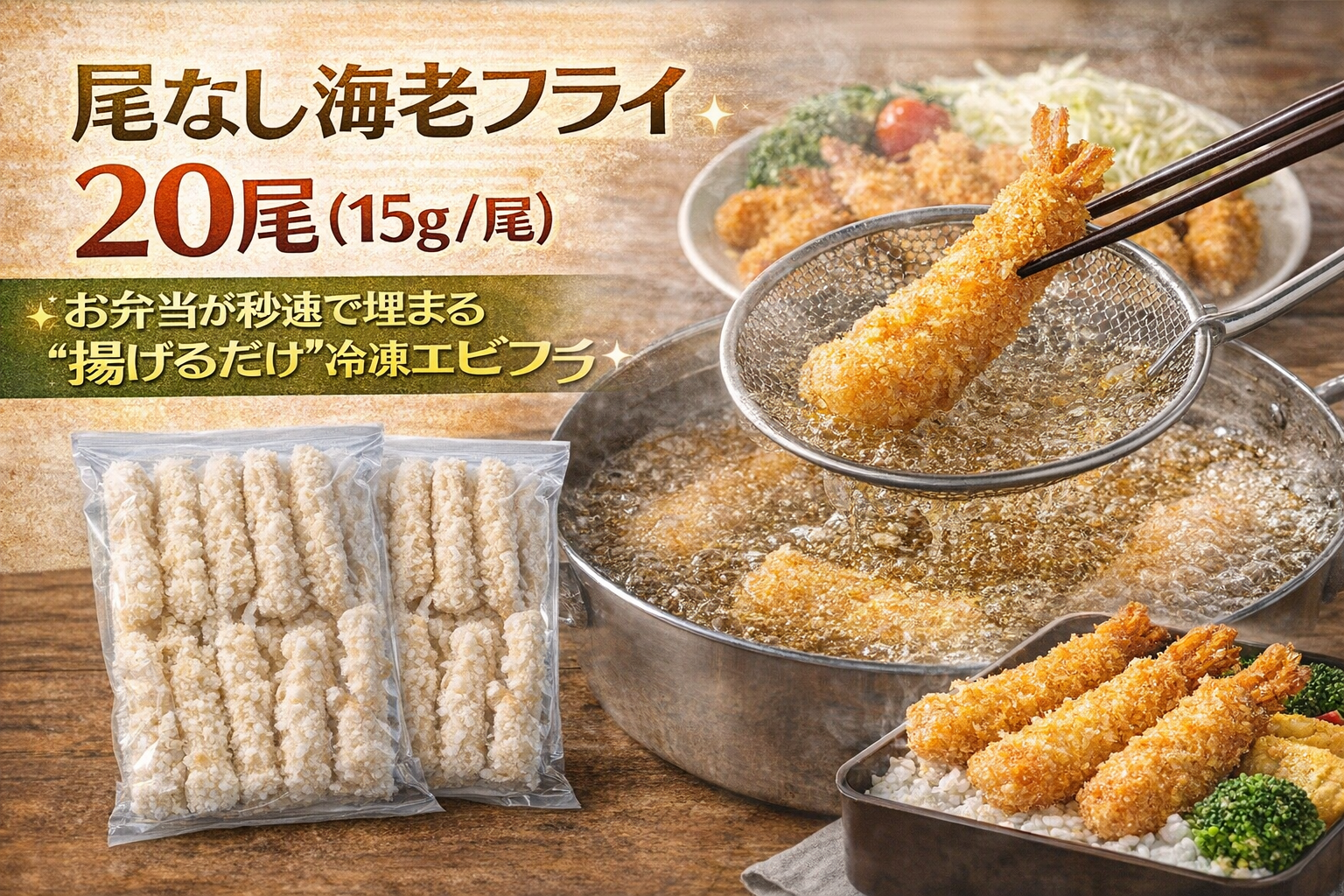 尾なし海老フライ20尾（15g/尾）を、揚げるだけで弁当のおかずがすぐ埋まる冷凍ストックとして訴求する人物なしのサムネイル