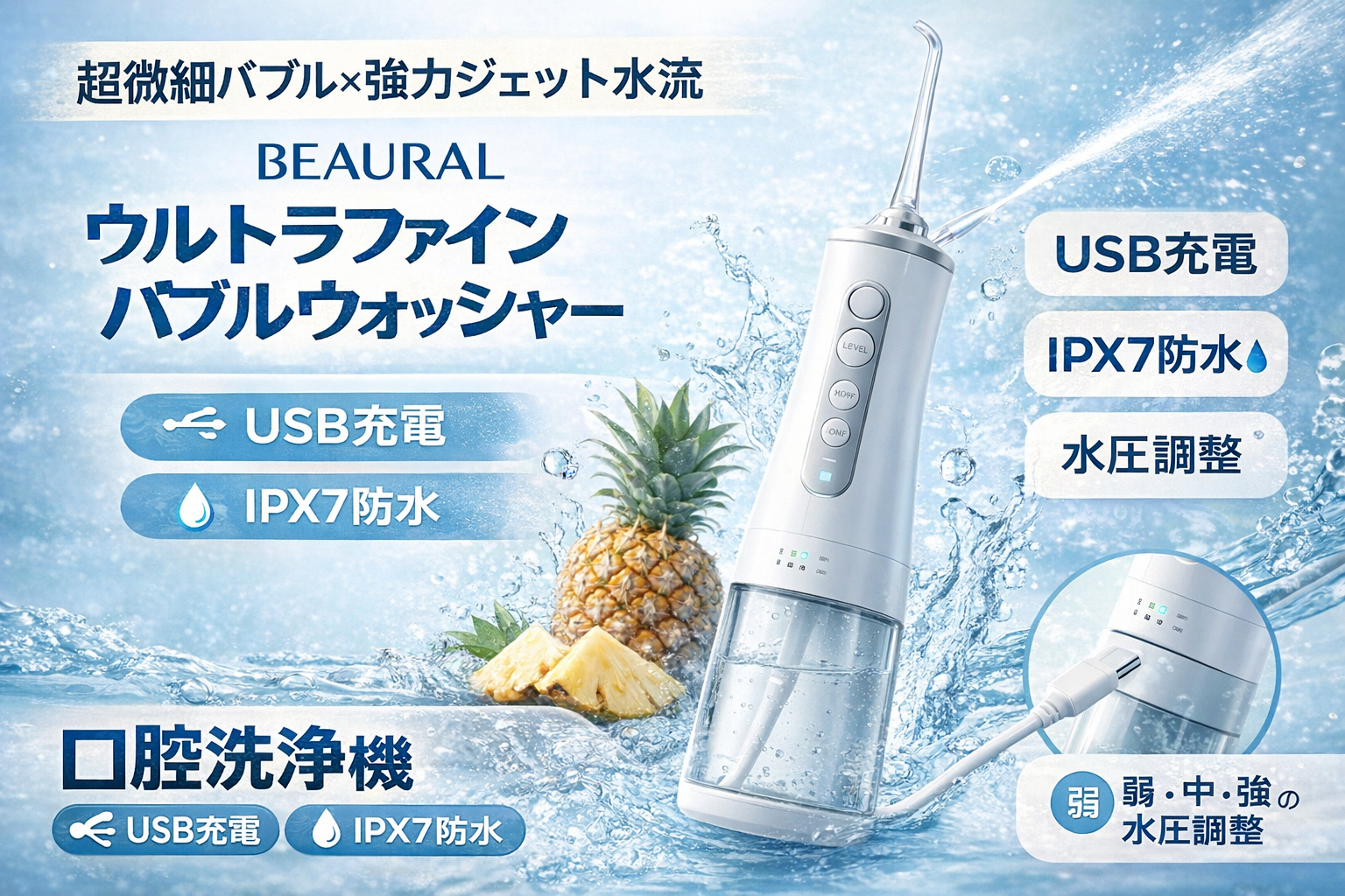 BEAURAL ビューラル ウルトラファインバブルウォッシャー｜USB充電・IPX7防水・水圧調整に対応した口腔洗浄機のサムネイル