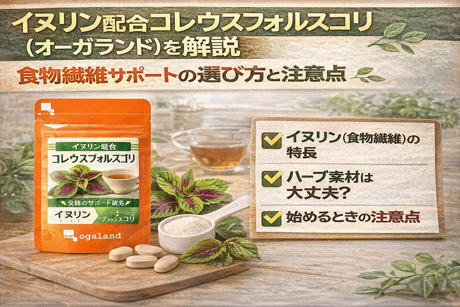 イヌリン配合コレウスフォルスコリ（オーガランド）のサムネイル。食物繊維サポートの選び方と注意点をテーマに、商品パッケージとサプリ粒、イヌリン（食物繊維）やハーブ素材のイメージ、チェックリスト風のポイント解説を配置して紹介している。