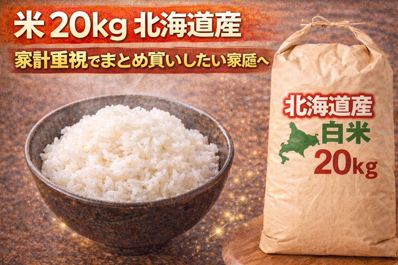 北海道産米20kgのサムネイル。炊きたてご飯の盛り付けと20kgの米袋をイメージで配置し、家計重視でまとめ買いしたい家庭向けの商品として訴求している。