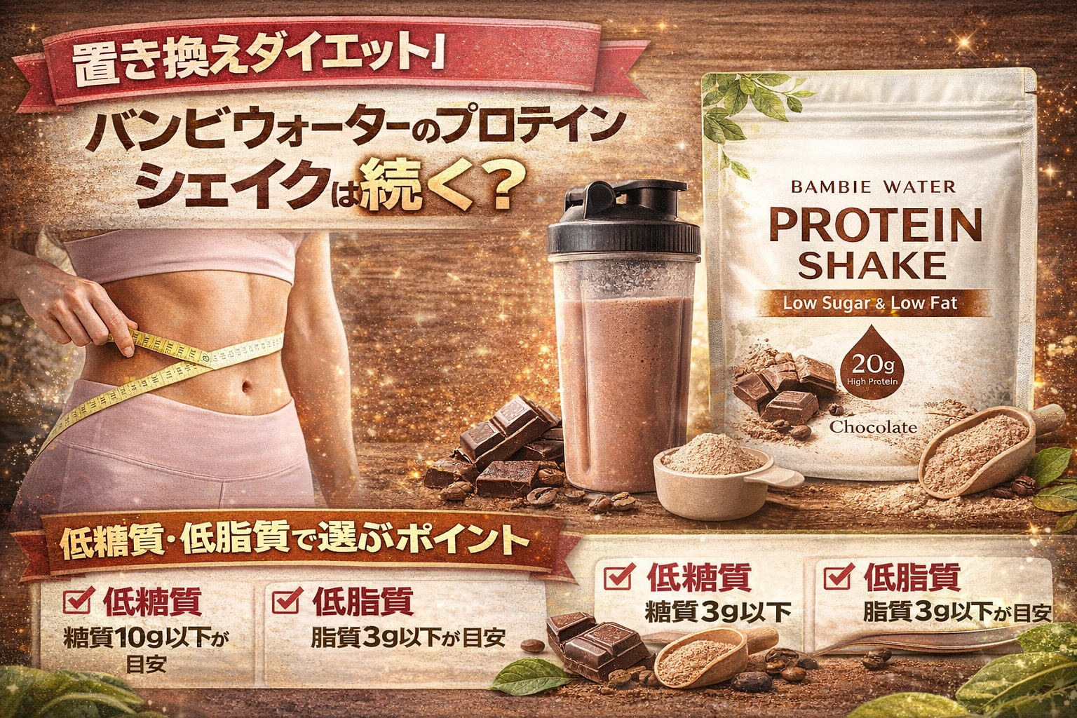 【置き換えダイエット】バンビウォーターのプロテインシェイクのサムネイル。低糖質・低脂質で選ぶポイントをテーマに、ウエスト計測のイメージ、シェイカーとプロテインパウチ、チェック項目を配置して「続けやすさ」を訴求している。
