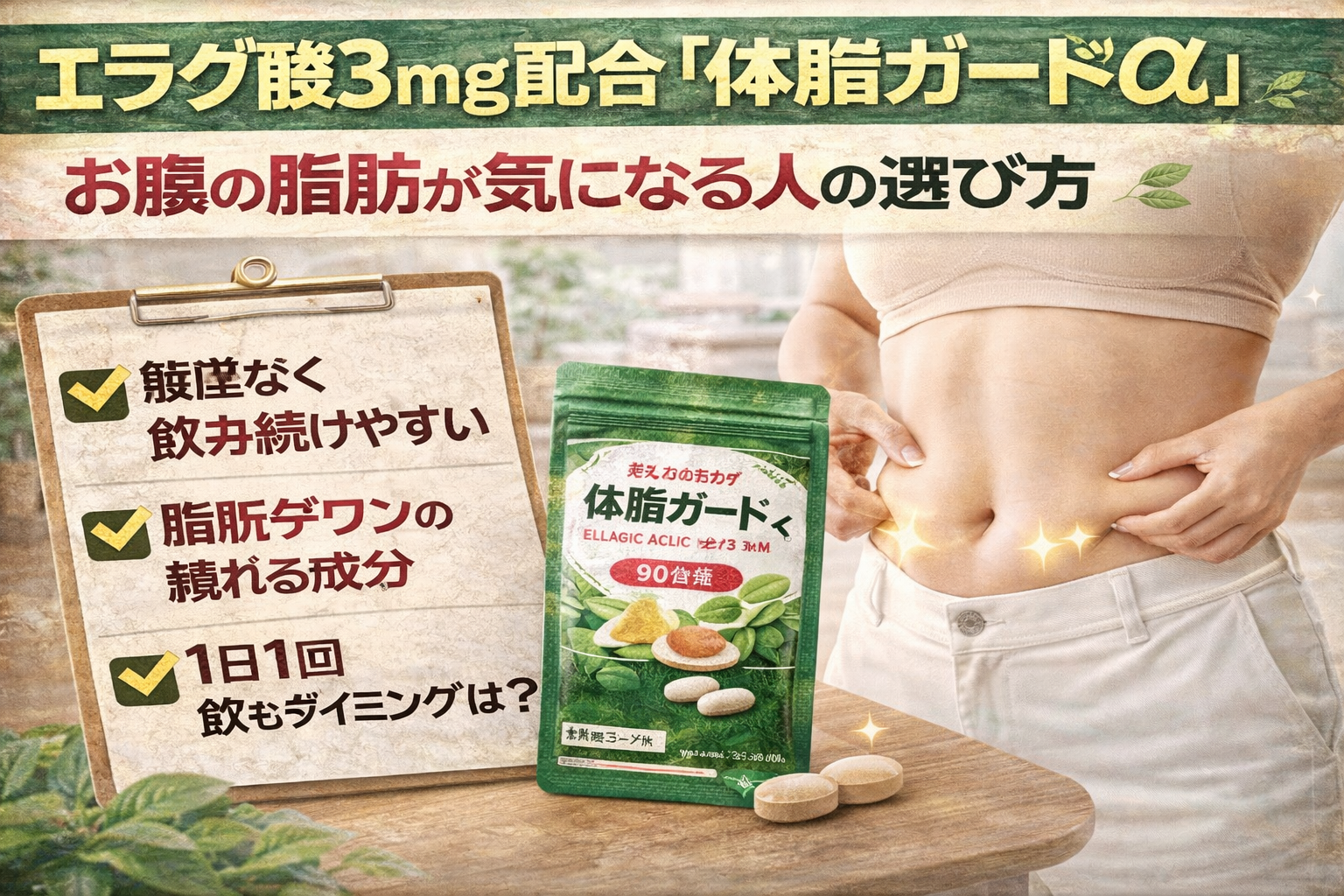 エラグ酸3mg配合「体脂ガードα」90日分のサムネイル。お腹の脂肪が気になる人向けに、商品パッケージとサプリ粒、ウエストまわりのイメージ、選び方のポイント（続けやすさ・成分・飲むタイミング）をチェック形式で分かりやすく紹介している。
