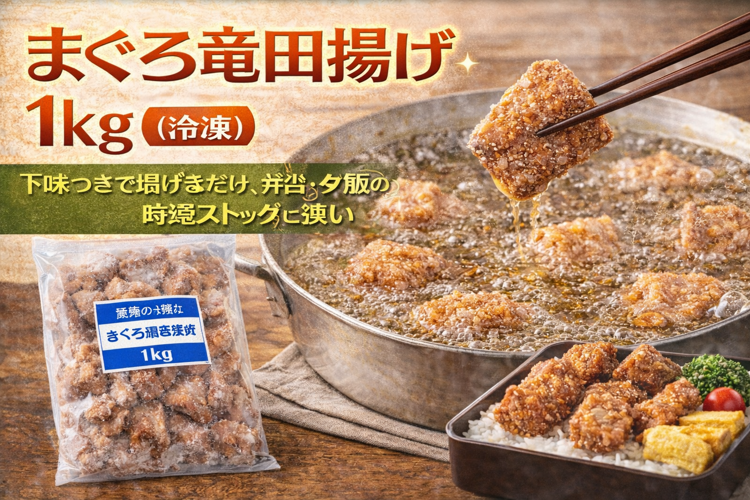 まぐろ竜田揚げ1kg（冷凍）を、下味つきで揚げるだけの時短おかずとして、弁当や夕飯向けストック性を訴求する人物なしのサムネイル
