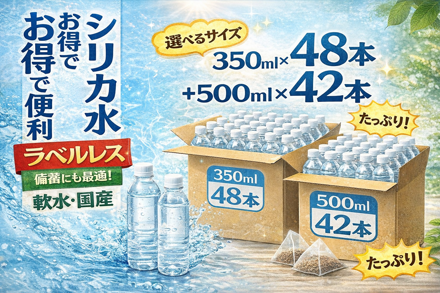 BIYOUDOのラベルレスシリカ水（国産・軟水）を350ml×48本/500ml×42本から選べる点と、備蓄にも向く大容量を訴求する情報サムネイル