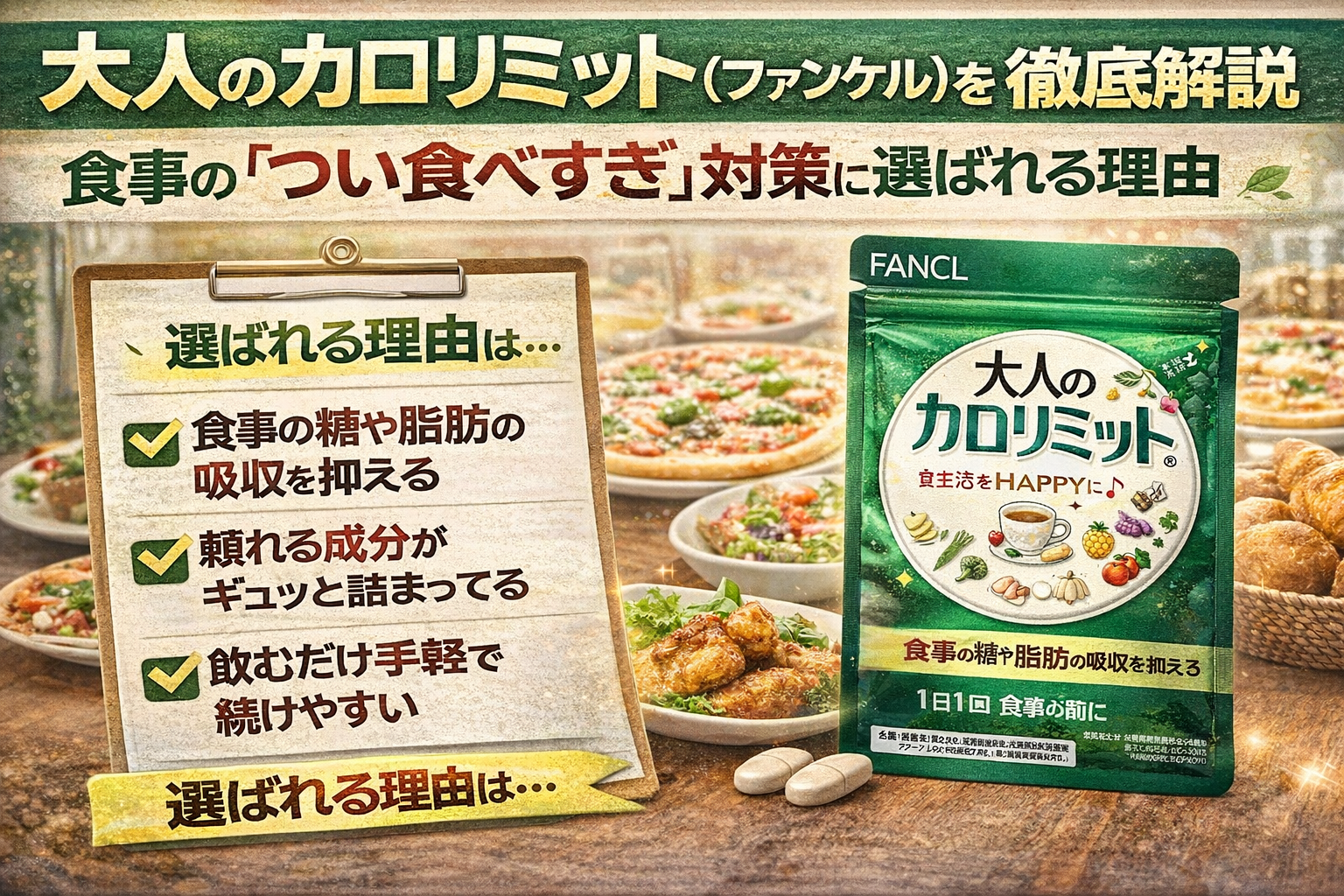 大人のカロリミット（ファンケル）のサムネイル。食事の「つい食べすぎ」対策をテーマに、外食や食卓のイメージとサプリメント、チェック項目を組み合わせて、選ばれる理由を分かりやすく紹介している。