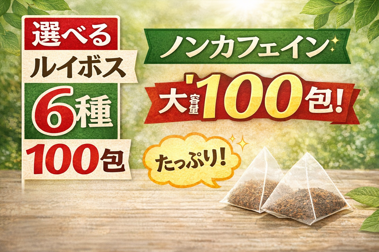 選べるルイボスティー6種・大容量100包/101包・ノンカフェインを訴求する情報サムネイル（ティーライフ）