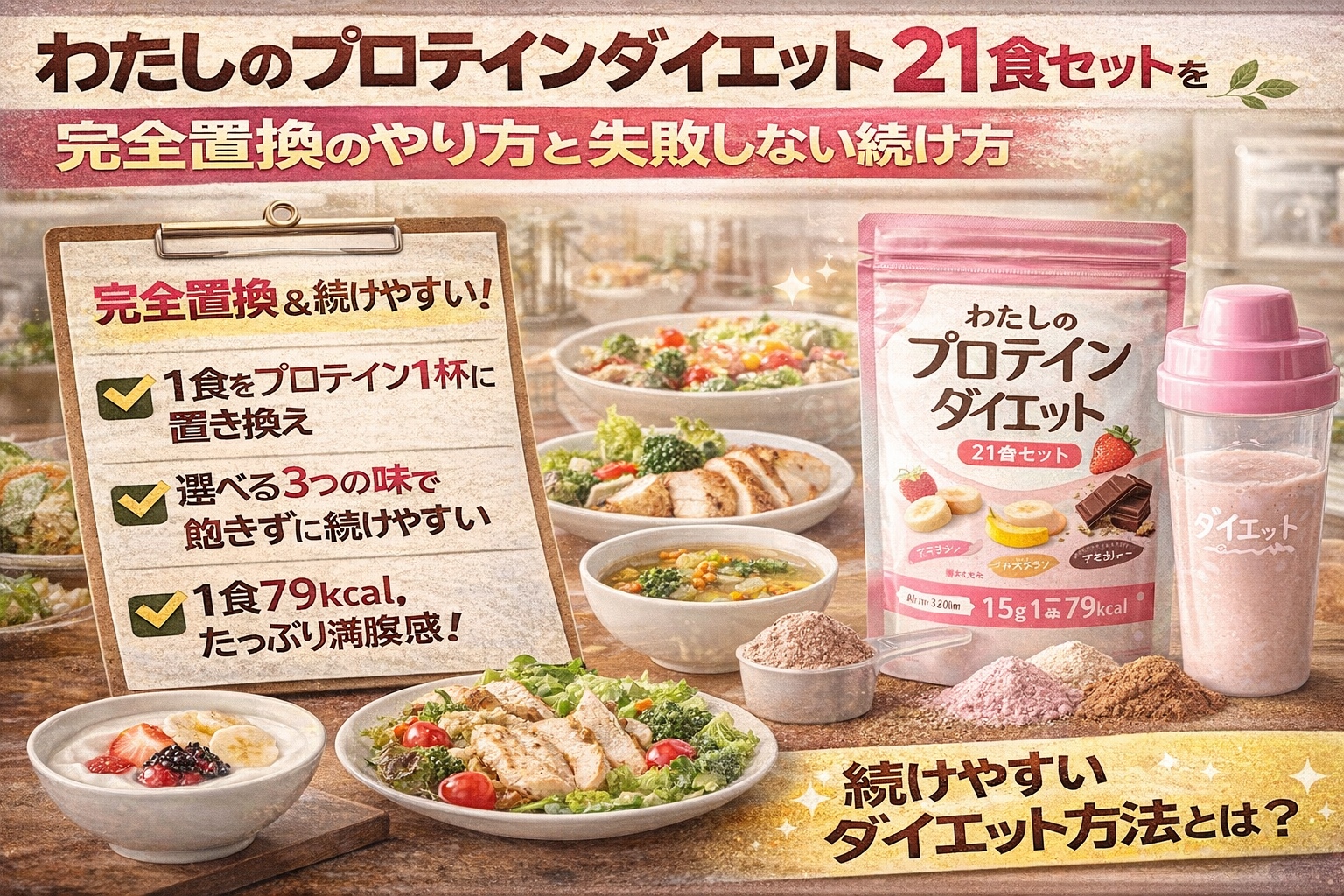 わたしのプロテインダイエット21食セットのサムネイル。完全置換のやり方と失敗しない続け方をテーマに、商品パッケージとシェイカー、シェイク1杯への置き換え手順、3つの味、低カロリー・満腹感のポイントをチェックリスト風にまとめて紹介している。