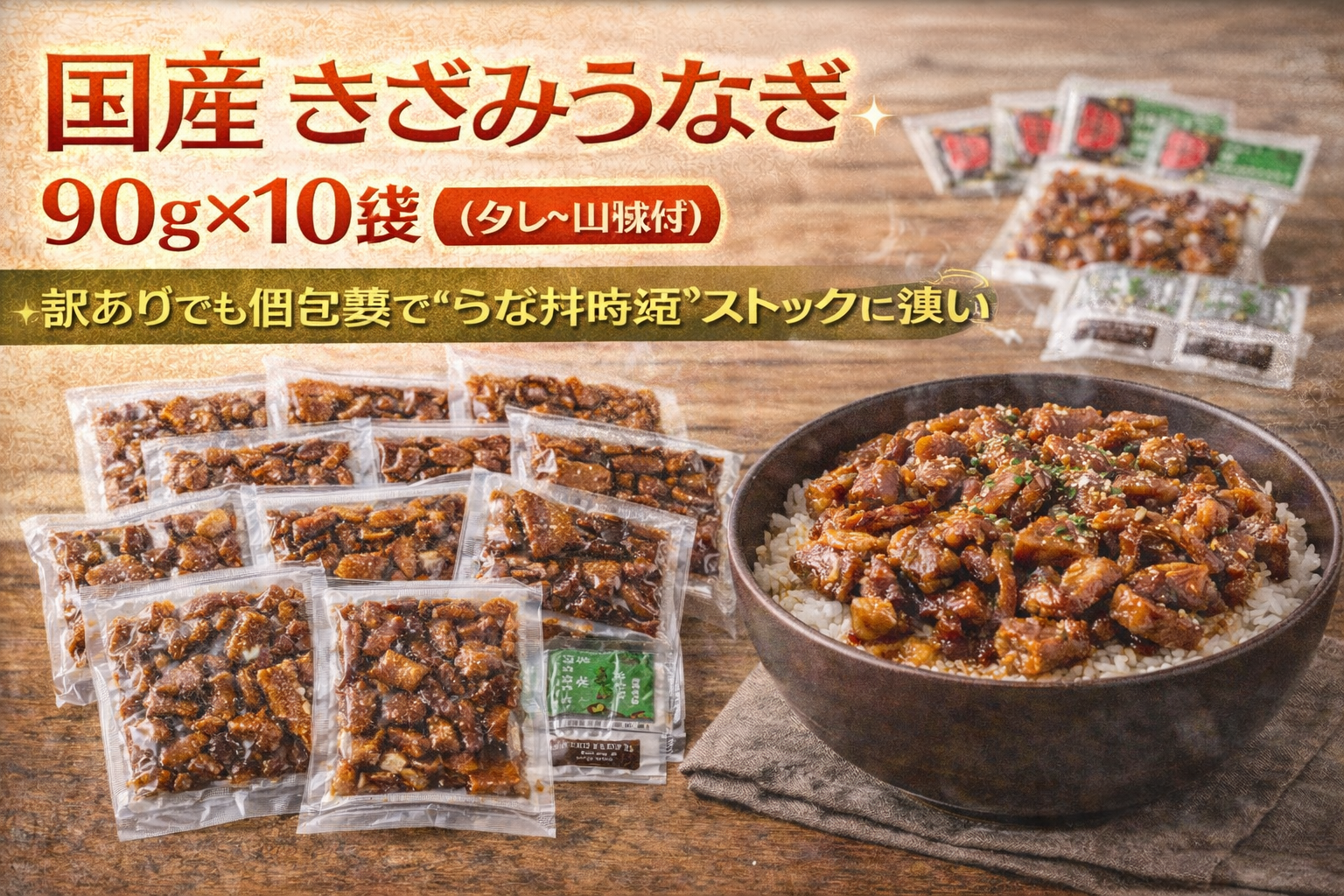 国産きざみうなぎ90g×10袋（タレ・山椒付）を、訳ありでも個包装でうな丼が時短できる冷凍ストックとして訴求する人物なしのサムネイル