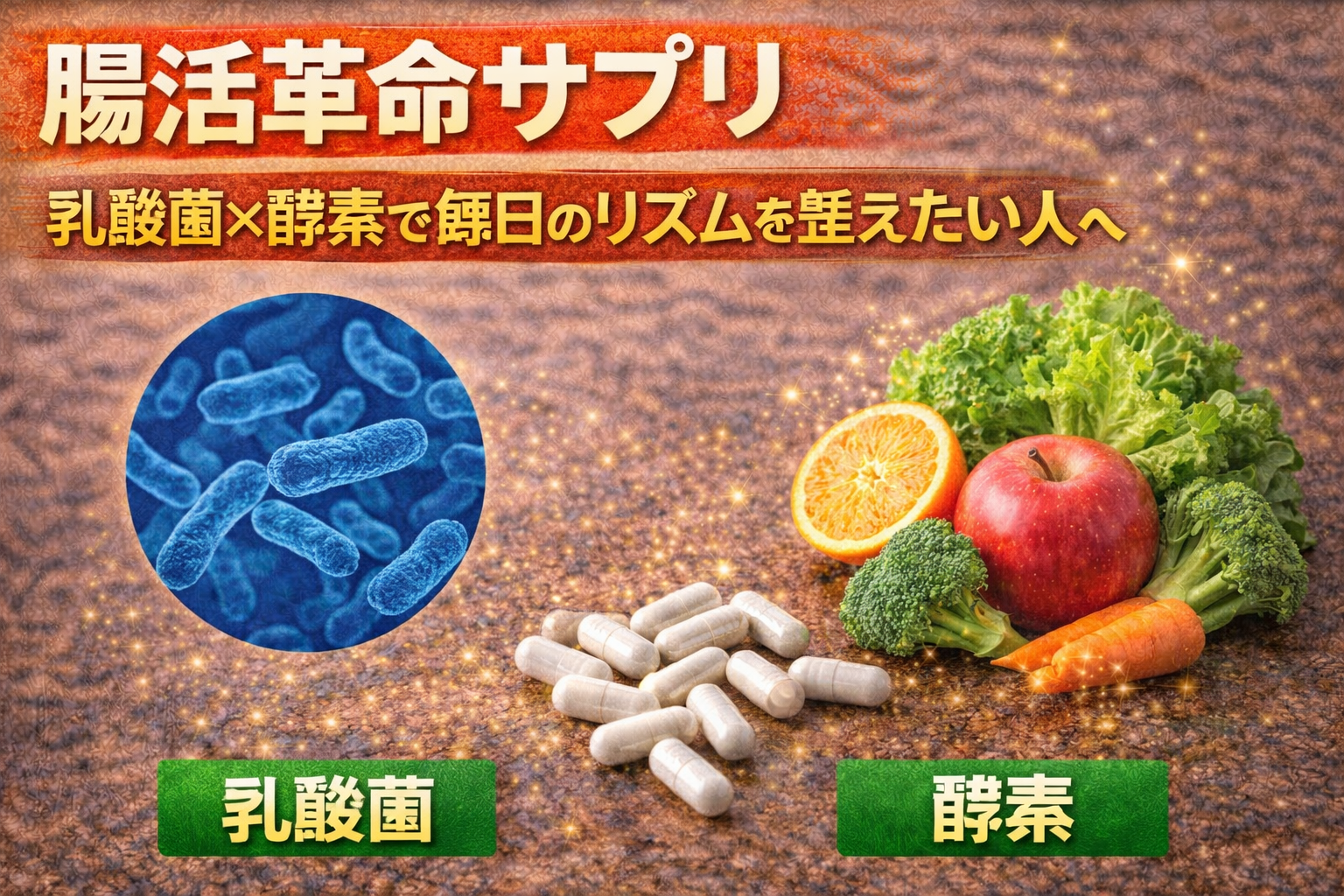 腸活革命サプリのサムネイル。乳酸菌と酵素を組み合わせたサプリメントとして、カプセル、乳酸菌イメージ、野菜や果物を配置し、毎日のリズムを整えたい人向けに訴求している。