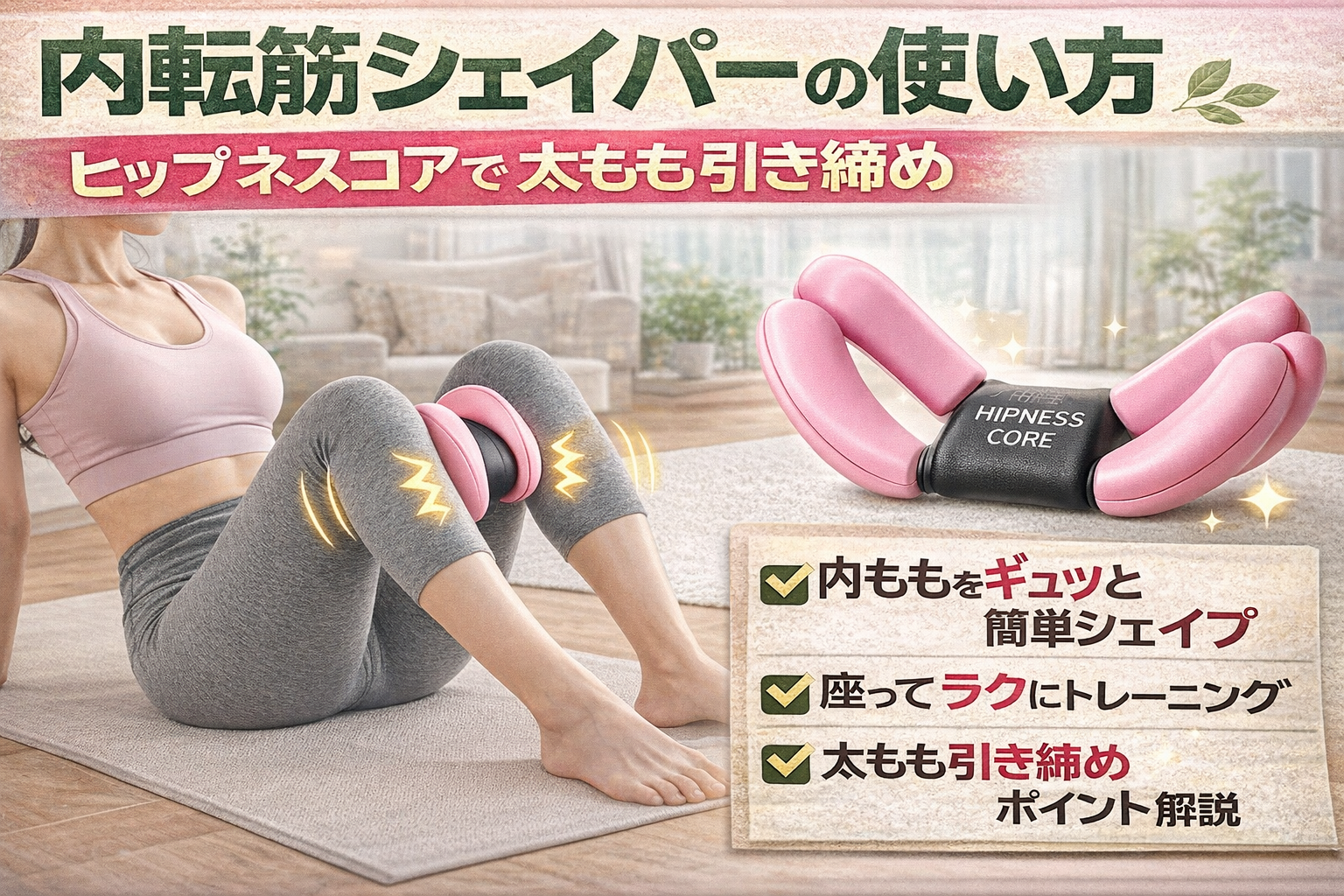 内転筋シェイパーの使い方を解説するサムネイル。ヒップネスコアを使って太ももを引き締めるトレーニングをテーマに、内転筋を意識した使用イメージと器具、ポイント説明を配置して紹介している。