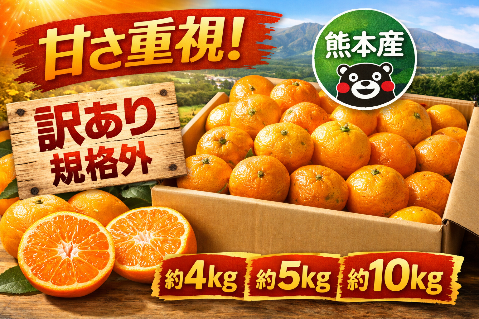 熊本産のご家庭用みかんを産地直送で紹介するサムネイル。訳あり規格外だが甘さ重視で、約4kg・5kg・10kgの箱詰めみかんが並んでいる。