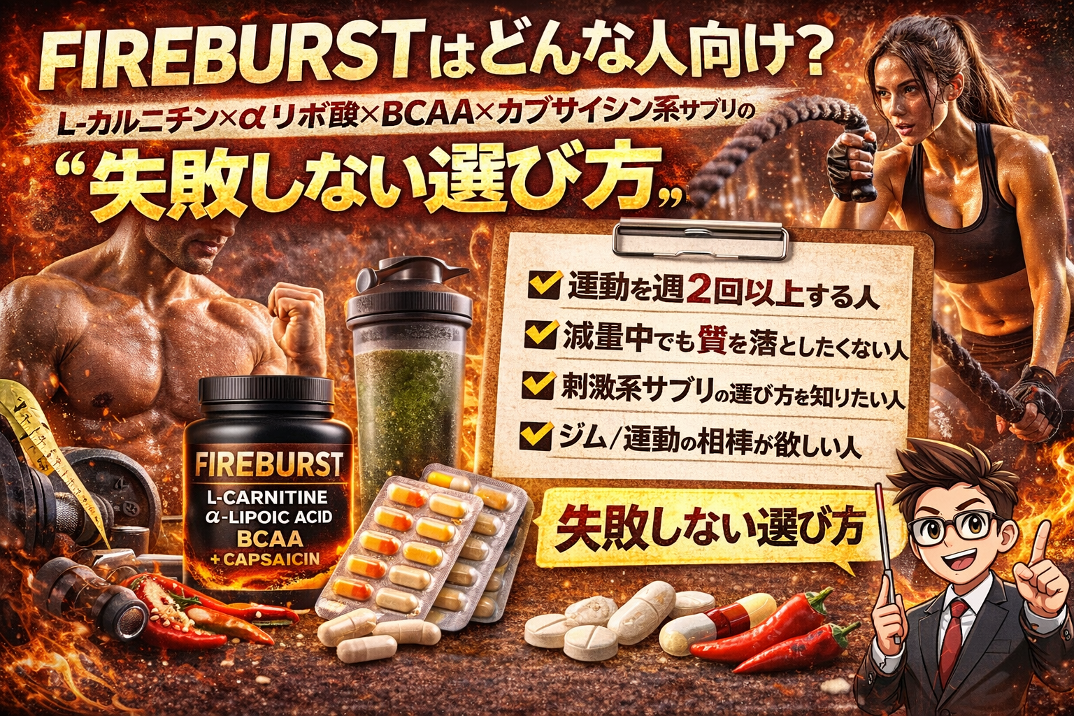 FIREBURSTサプリのサムネイル。L-カルニチン・αリポ酸・BCAA・カプサイシンを配合した刺激系サプリとして、トレーニング中の男女、サプリボトルとカプセル、チェックリスト風の「失敗しない選び方」を組み合わせ、運動習慣のある人向けに訴求している。