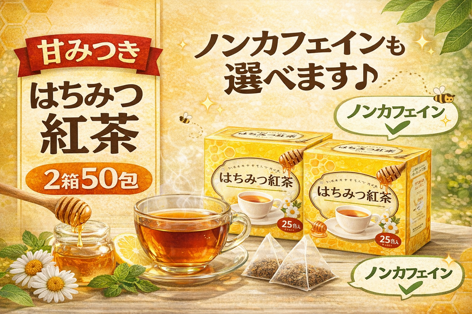はちみつ紅茶2箱50包（25包×2）と甘みつきのリラックス感、ノンカフェインも選べる点を訴求する情報サムネイル