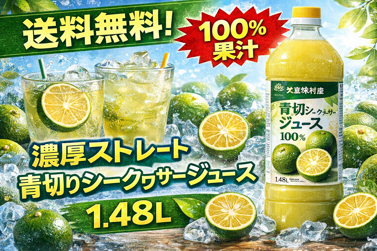 やえやまファーム 大宜味村産 青切シークヮーサージュース100%原液 1.48L（送料無料）濃厚ストレートの訴求サムネイル
