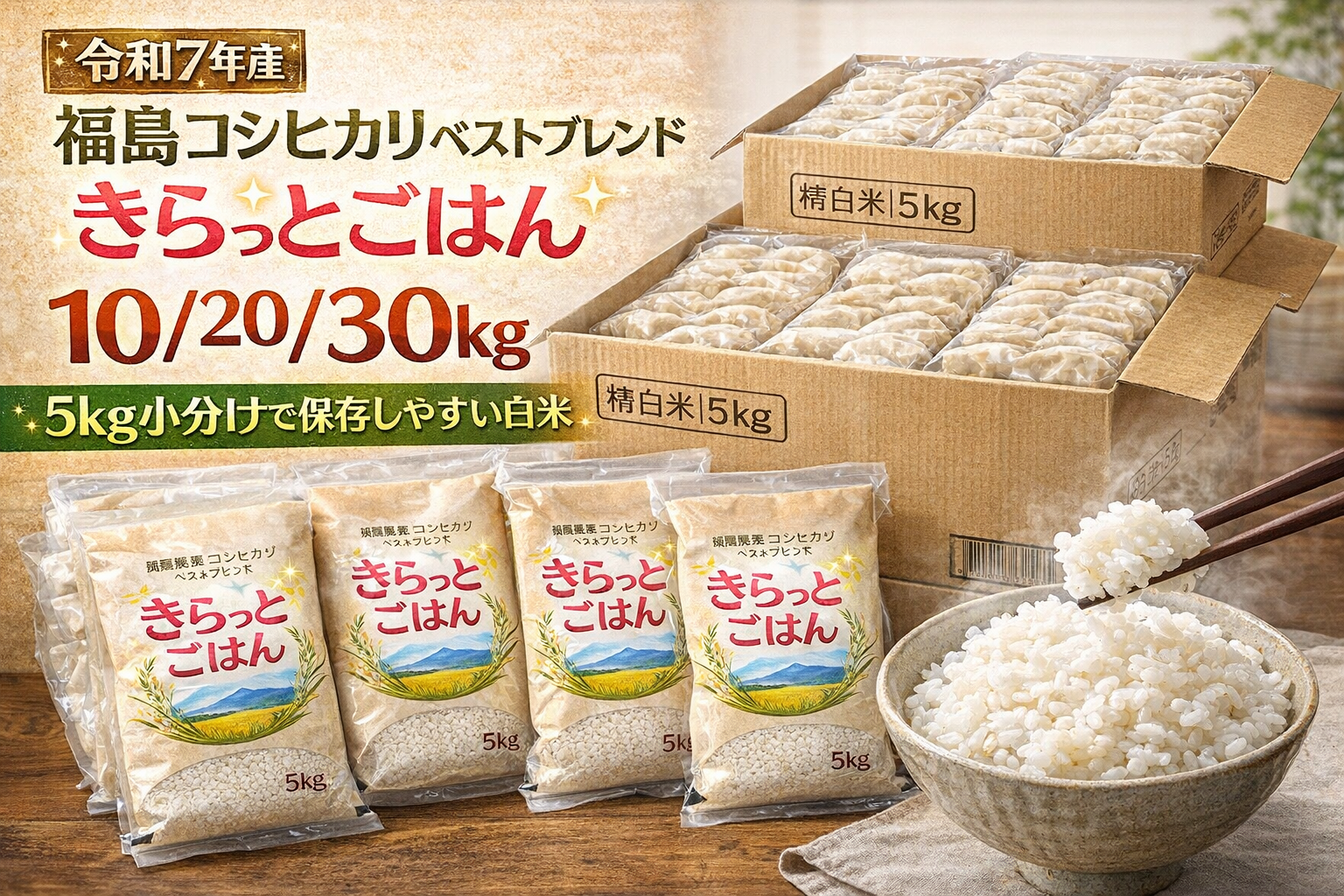 令和7年産の福島コシヒカリベストブレンド「きらっとごはん」10/20/30kgを、5kg小分けで保存しやすい点と白米の大容量を訴求する人物なしのサムネイル