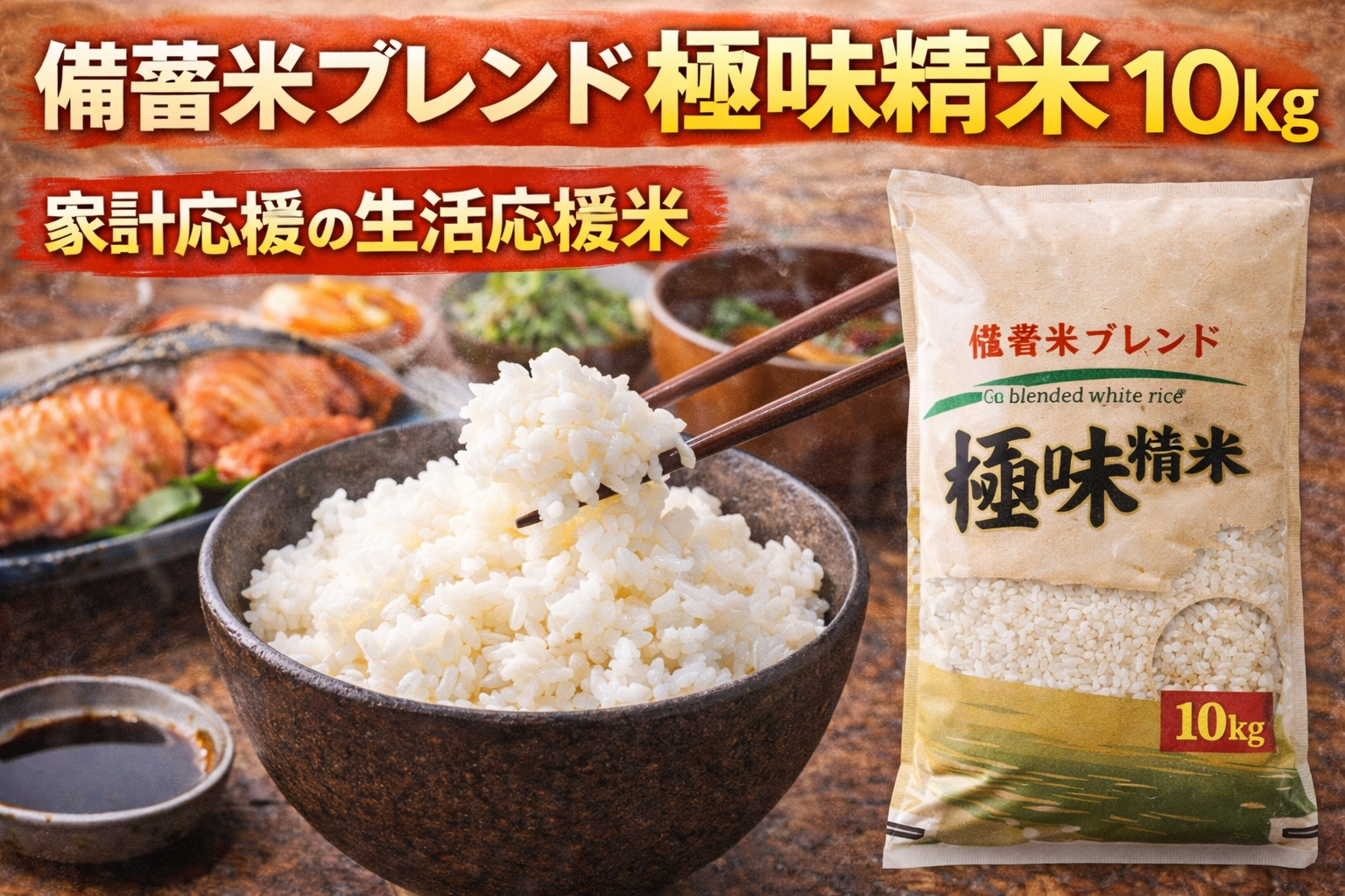 備蓄米ブレンド「極味精米」10kgのサムネイル。家計応援の生活応援米として、炊きたてご飯の盛り付けと10kg米袋を並べて紹介している。