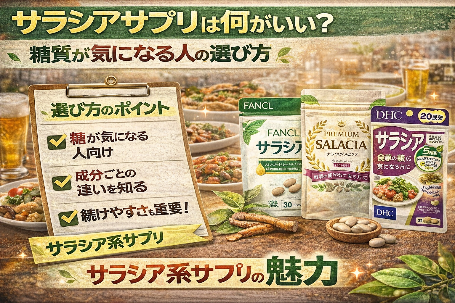 サラシアサプリの比較サムネイル。糖質が気になる人向けに、複数のサラシア系サプリのパッケージ、食事シーン、チェックリスト風の「選び方ポイント」を配置し、成分の違いや続けやすさを分かりやすく紹介している。