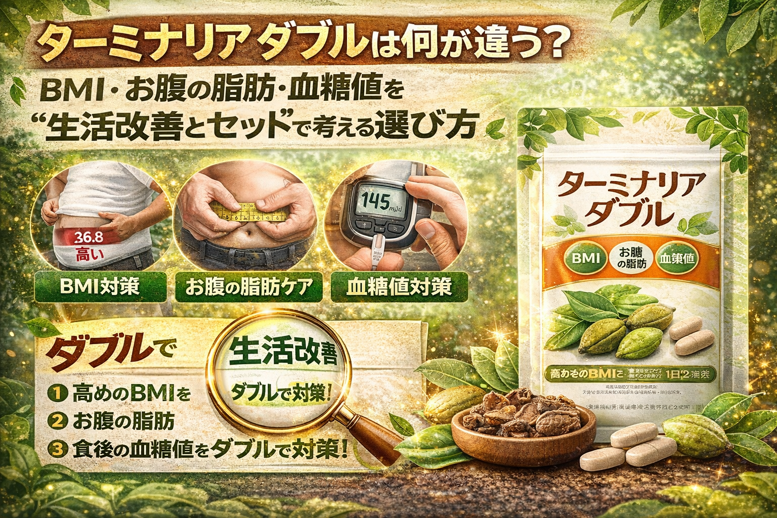 ターミナリアダブルのサムネイル。BMI・お腹の脂肪・血糖値を生活改善とセットで考えるテーマで、腹囲や血糖測定のイメージ、商品パッケージとカプセル、植物素材のビジュアルを組み合わせて紹介している。
