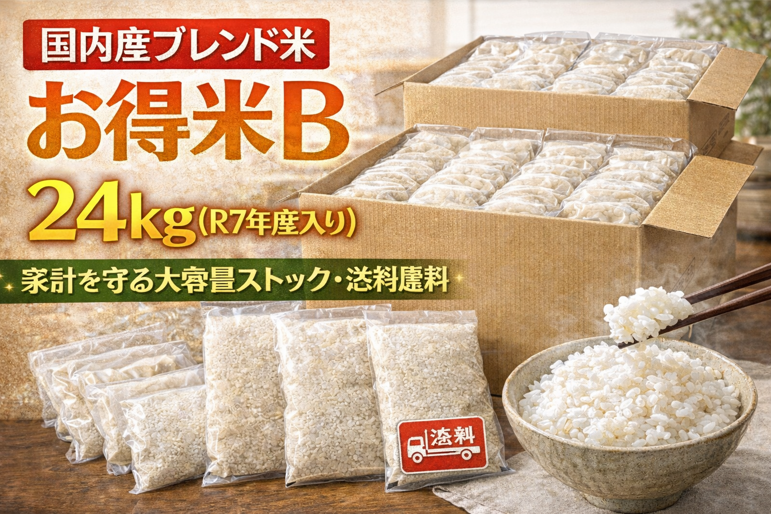 国内産ブレンド米「お得米B」24kg（R7年産入り）を、段ボール箱と小分け袋、炊き上がり白米で大容量ストックと送料無料を訴求する人物なしのサムネイル